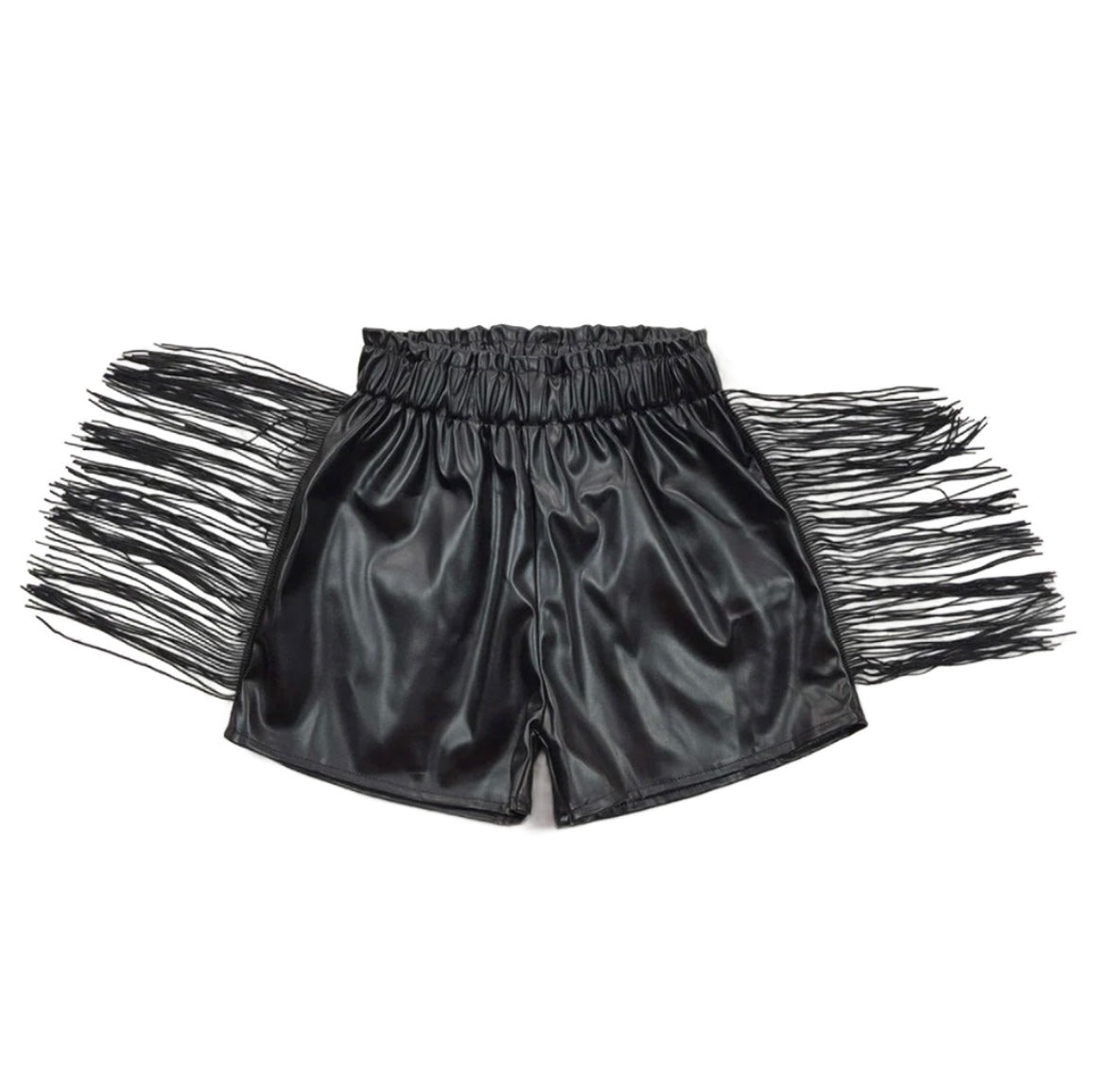 Girls Black Leather Tassel Shorts