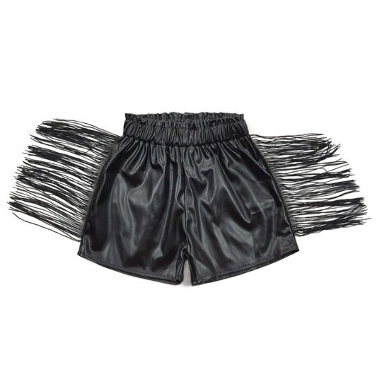 Girls Black Leather Tassel Shorts