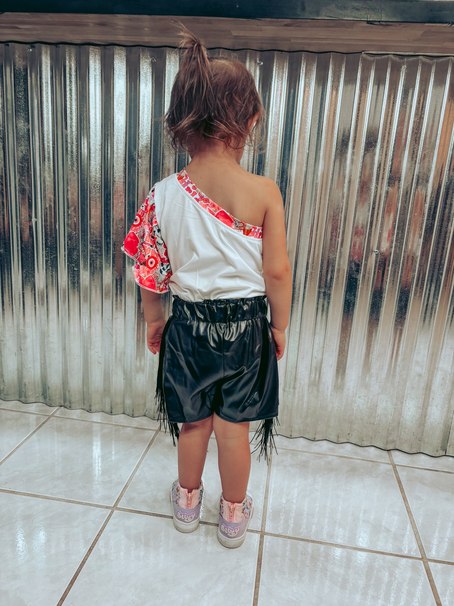 Girls Black Leather Tassel Shorts