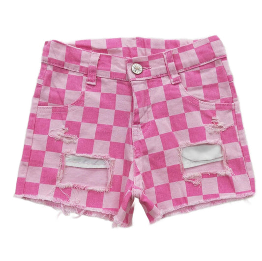 Girls Checkered Denim Shorts