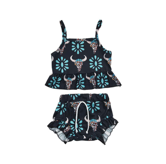 Baby Girls Two Piece Teal Bull Set