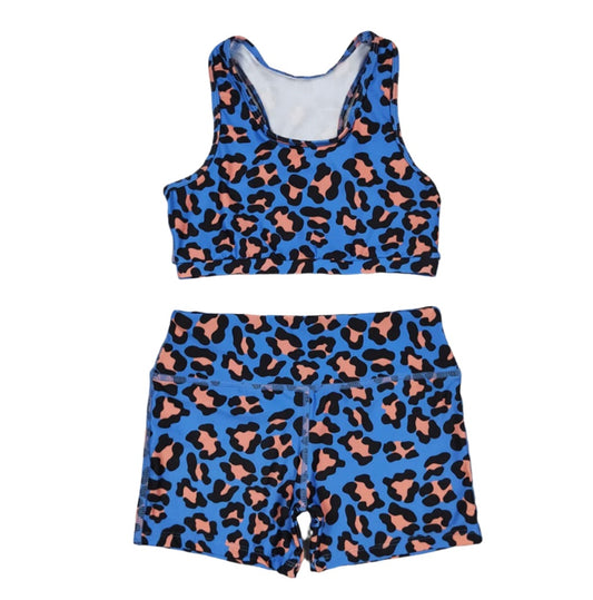 Girls Blue Cheetah Sports Bra and Shorts Set