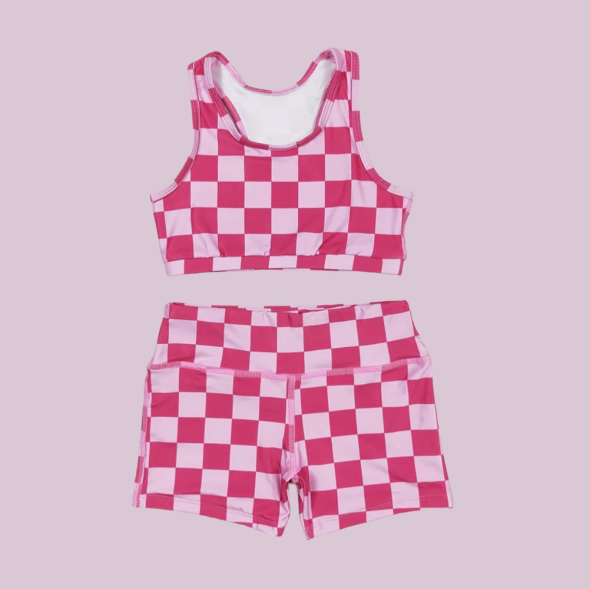 Girls Pink Checkered Sports Bra and Shorts