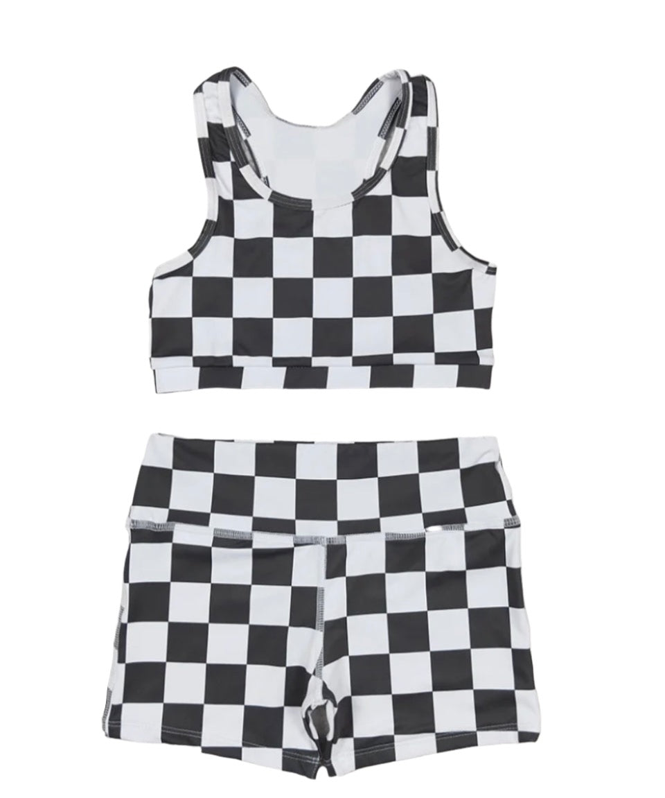 Girls Black Checkered Sports Bra and Shorts