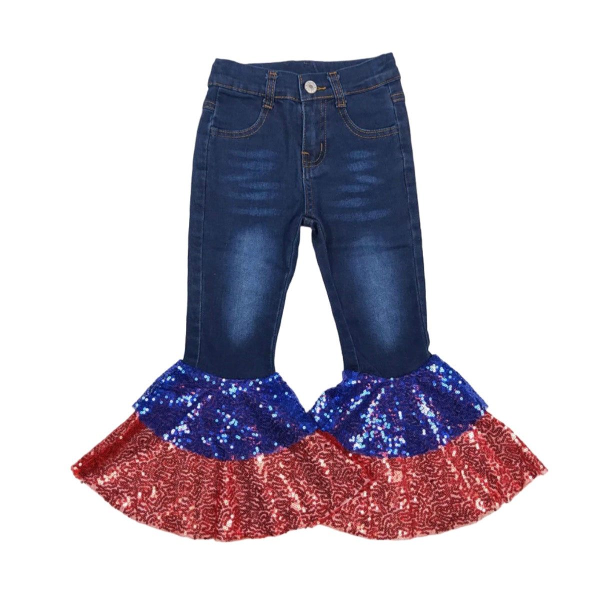 Girls Sequin Blue Red Flare Jeans