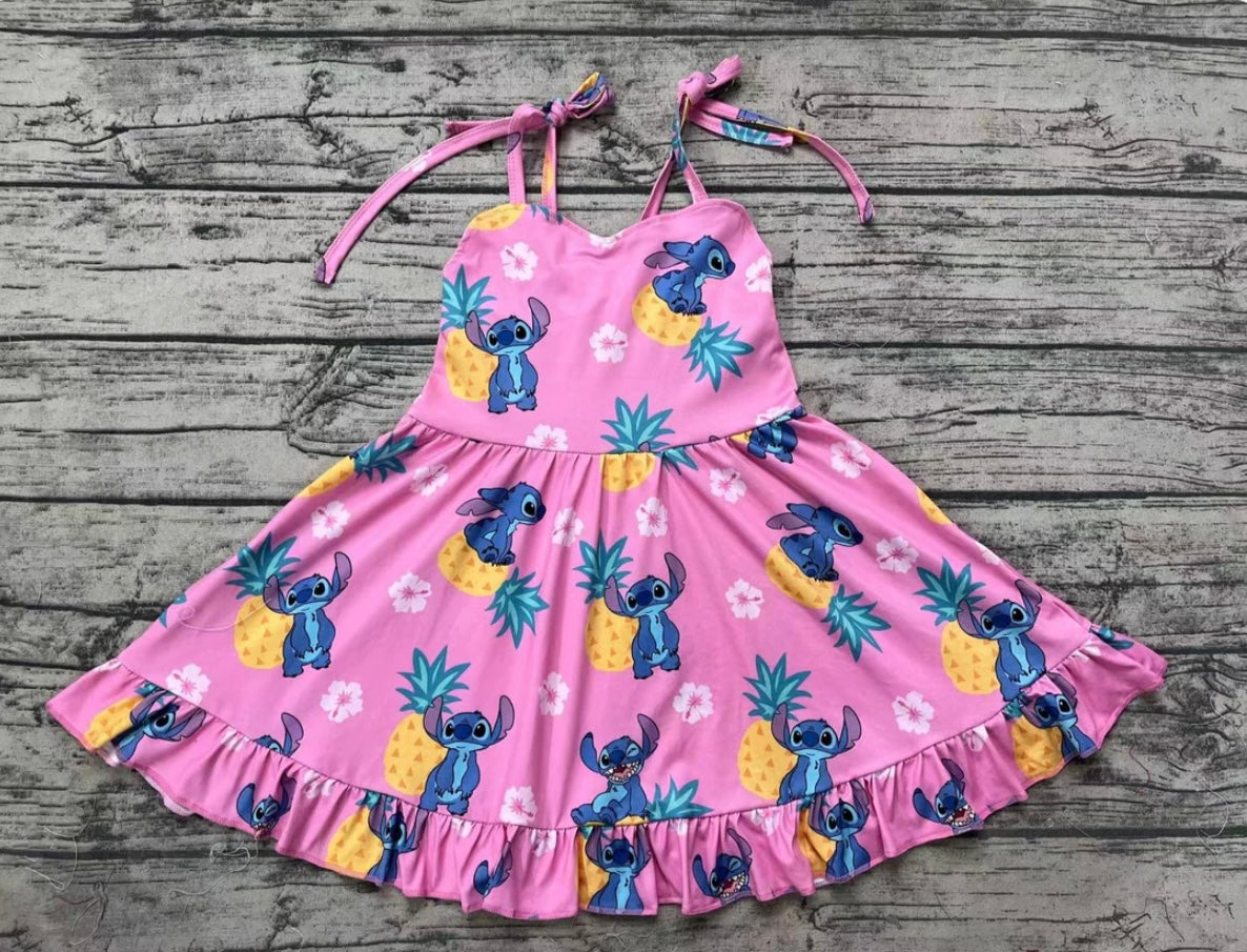 Girls Aloha Pineapple Straps Knee Length Dress