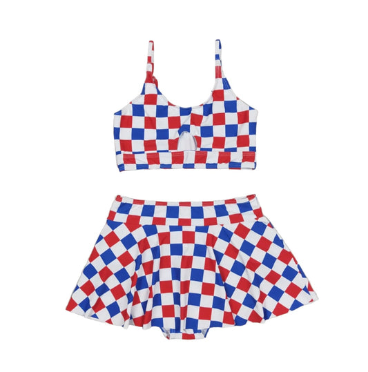 Girls Red Blue Checkered Swimsuit