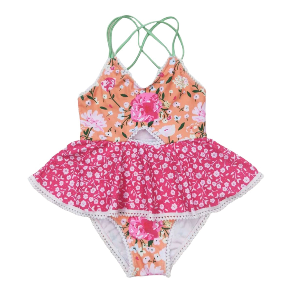 Girls Pink and Orange Flower Dress Swimsuit