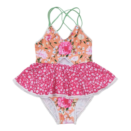 Girls Pink and Orange Flower Dress Swimsuit