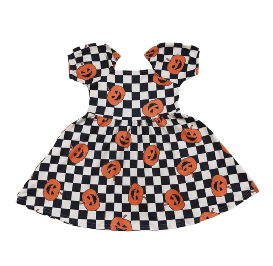 Girls Plaid Pumpkin Puffer Sleeve Dress