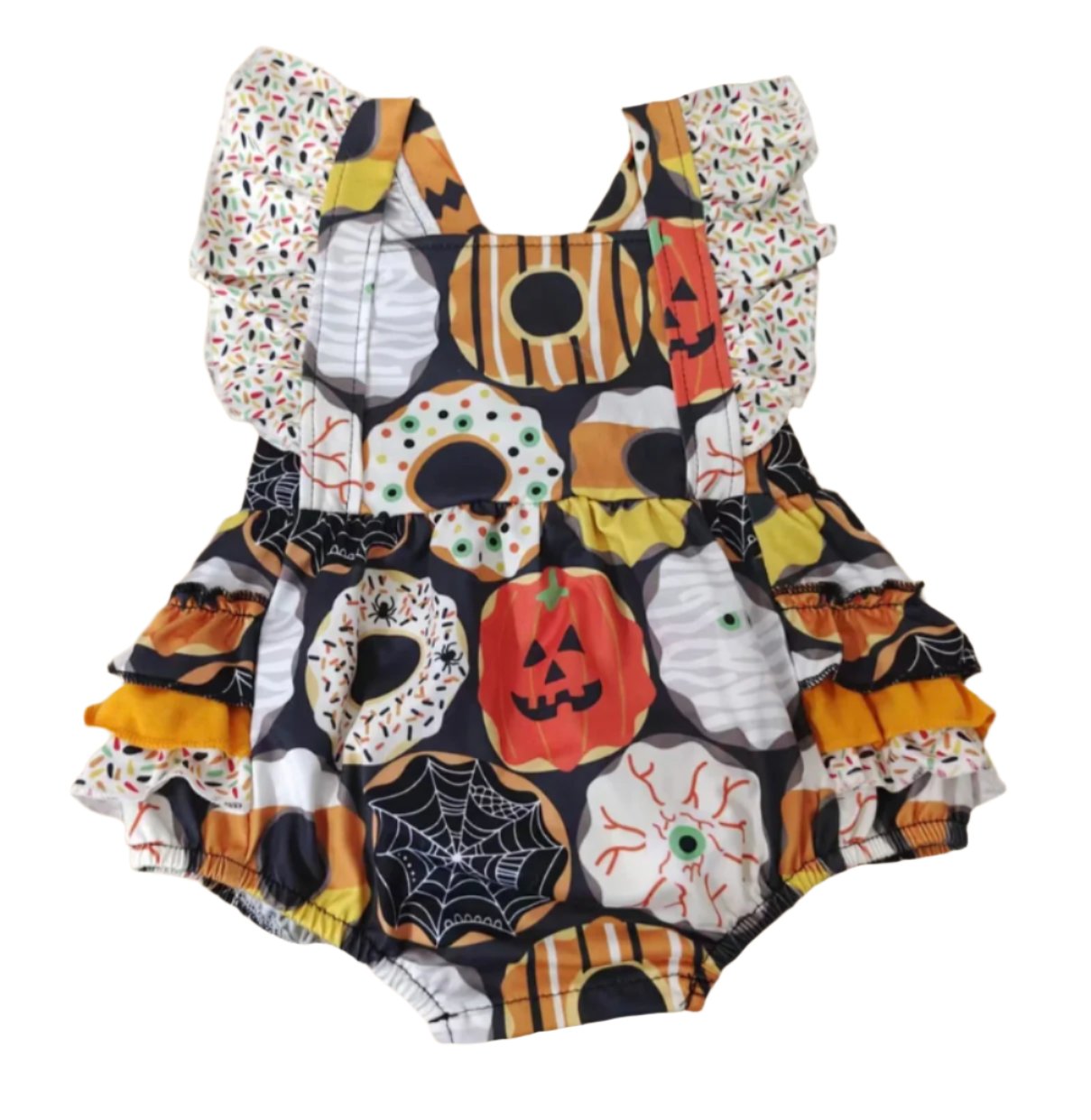 Baby Girls Donut Fall Themed Romper Ruffle Back