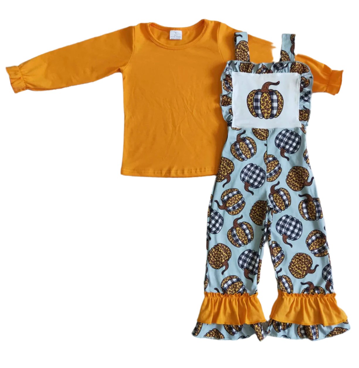 Girls Pumpkin Overalls and Under Shirt