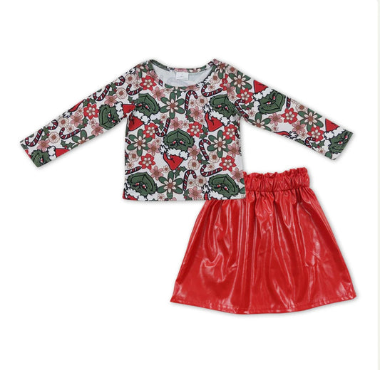 Girls Grinch Top with Red Leather Skirt