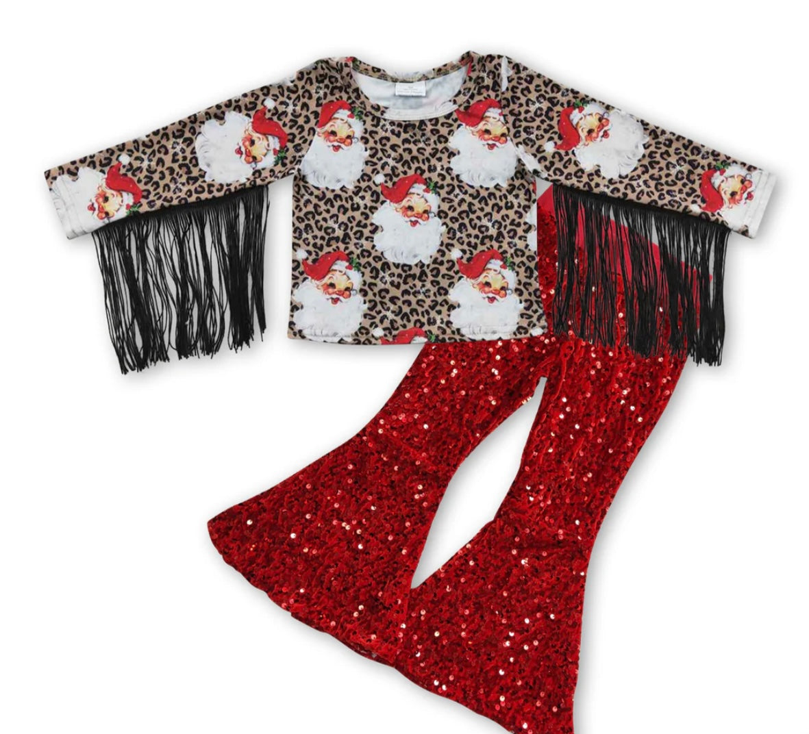 Girls Santa Fringe Top with Red Sequin Bottoms