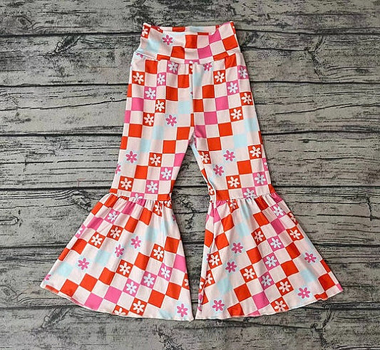 Girls Flower Checkered Orange Print Bell Bottoms