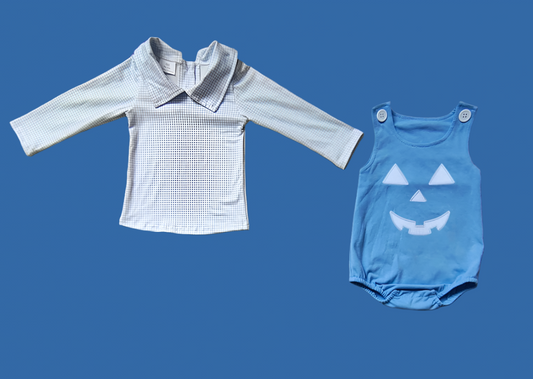 Baby Boys Blue Pumpkin Faced Romper with Shirt