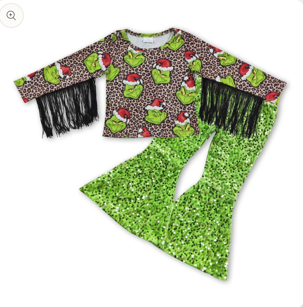 Girls Grinch Fringe Top and Sequin Flare Bottoms