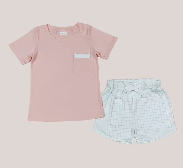 Boys Pink Shirt Checkered Shorts Set